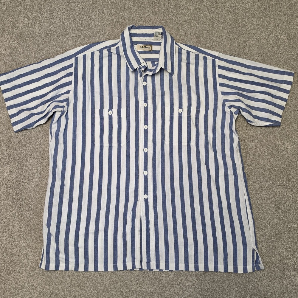 Vintage LL Bean Shirt Mens XL Button Up Blue White Cool Weave Vertical Stripe